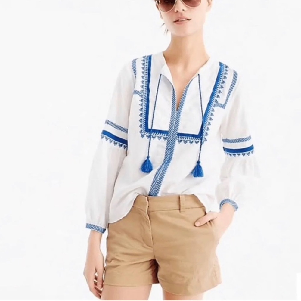 J. Crew Linen Cotton Folk Peasant Boho White & Blue Embroidered Blouse Top